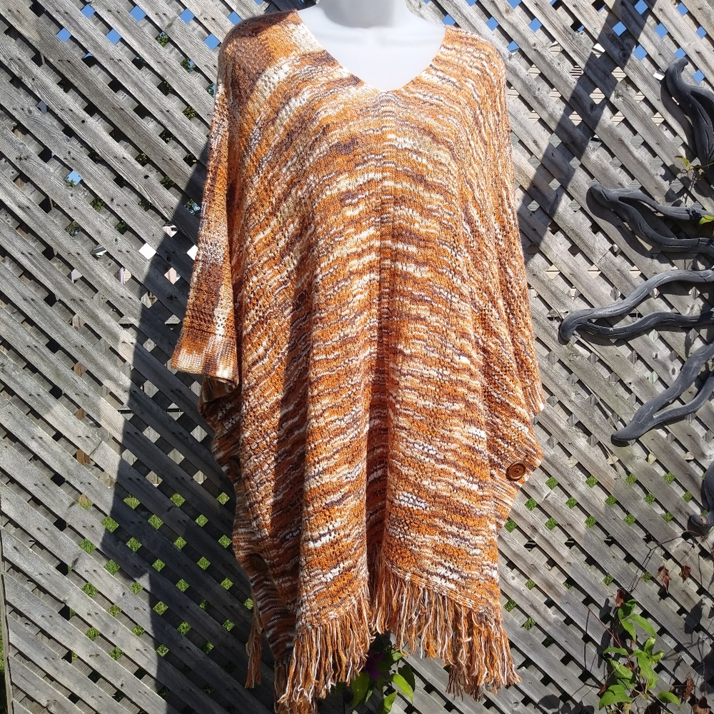 Fringe Poncho Fall Colors Rust Brown Tan White